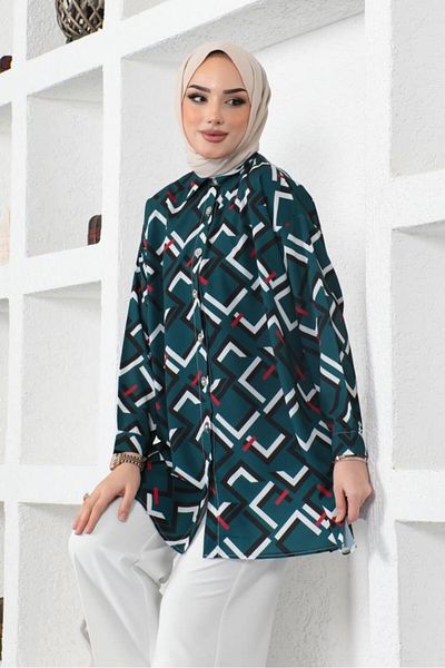 giyze Patterned Hijab Shirt Emerald Green 8886