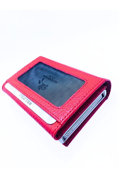 willpolo Genuine Calfskin Natural Pouch Compartment Mechanism Automatic Red Card Holder Wallet