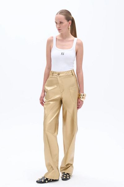 Nocturne Pantaloni largi, aurii, din piele artificială, pentru femei, cu picioare largi, N25KN3309