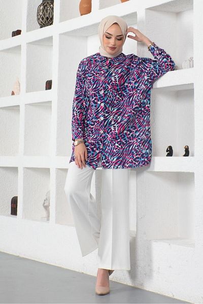 giyze Patterned Hijab Shirt Purple 8882