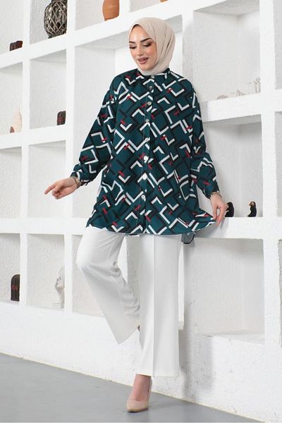 giyze Patterned Hijab Shirt Emerald Green 8886