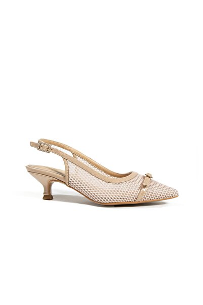 Seniorah Beige Goese Mesh-Patent Leather - Women's Pointed Toe Heeled Shoes