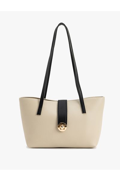 Koton Color Block Handle Tote Bag with Faux Leather Metal Accessories