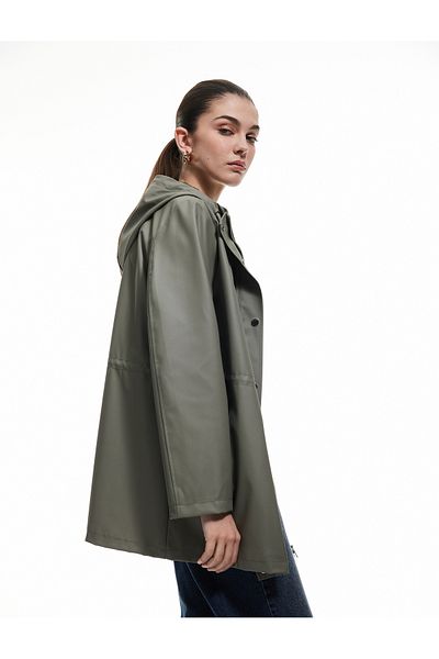 Koton Hooded Faux Leather Raincoat with Binding Detail and Zippered Pockets