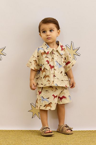 Fahhar Kids Beige Bellows Pocket Shorts Set