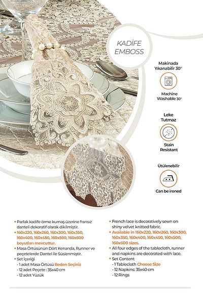 Evlen Home Collection Комплект луксозни кадифени покривки за маса с дантела, 25 части, цвят капучино