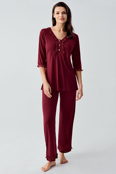 Artış Three Quarter Sleeve Lace Buttoned Flexible Viscose Pajama Set