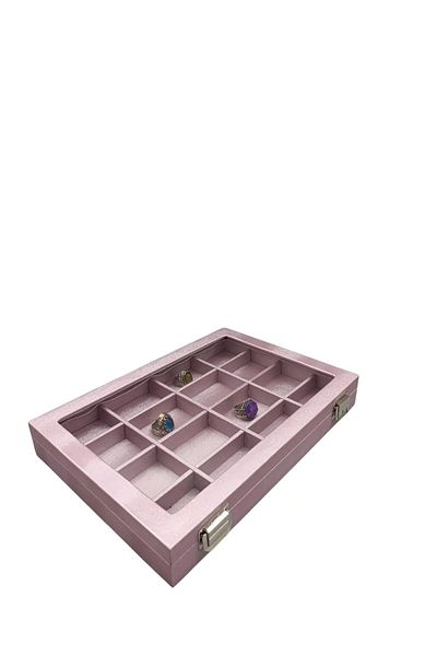 MeGass Dekor Glass Lid İmera Fabric Pink Color 34 cm / 24 cm Jewelry Stand with Compartment