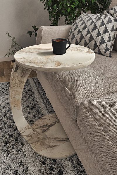 interGO C-shaped Round End Table With Rolling Wheels - White Marble Pattern