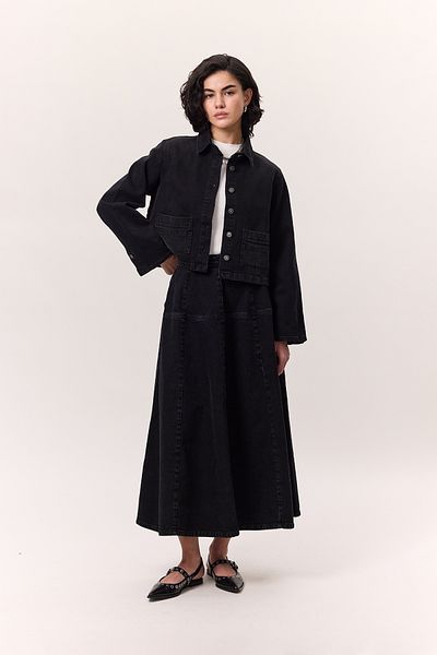 Manuka Wide Gather Denim Skirt Black