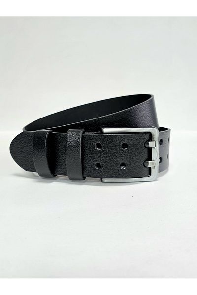 Kemerix 100% Genuine Leather Black 4.5 cm Double Tongue Buckle Jeans Belt