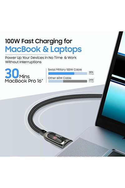 Swiss Military كابل USB-C إلى USB-C LED بطول 1 متر، كابل شحن سريع 100 وات لأجهزة iPhone 15/16، وGalaxy S25/24، أسود