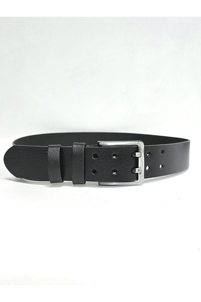 Kemerix 100% Genuine Leather Black 4.5 cm Double Tongue Buckle Jeans Belt
