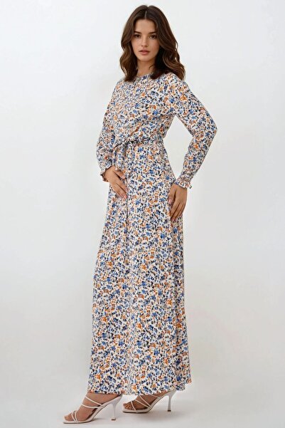 Hiccup Çiçek Desenli Dokulu Kuşaklı Bisiklet Yaka Modest Elbise