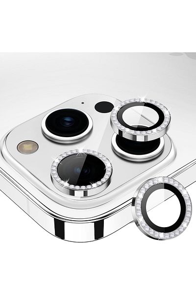 AWH iPhone 15 Pro/Pro Max Camera Lens Protector, Bling Metal Diamond Ring 9H Scratchproof (Silver)