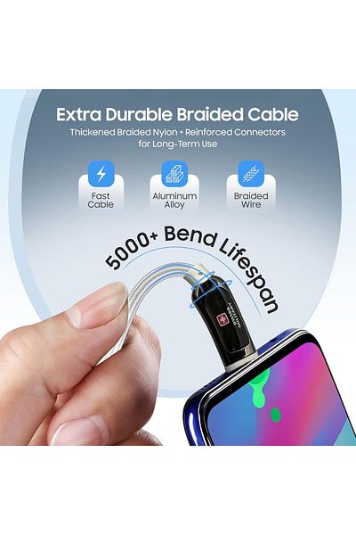 Swiss Military USB-C to USB-C LED Cable 1M 100W Fast Charging Data Cable for iPhone 15/16, Galaxy S25/24, White