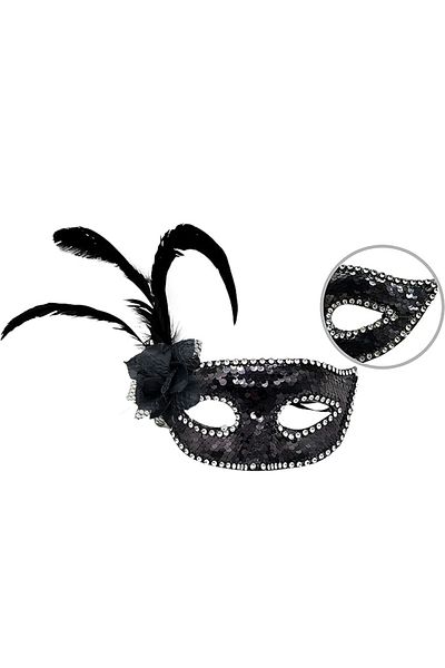 SAVA HOME COLLECTİON Black Color Sequin Mask with Feather on the Side and Roses and Silver Stones 20x22 cm