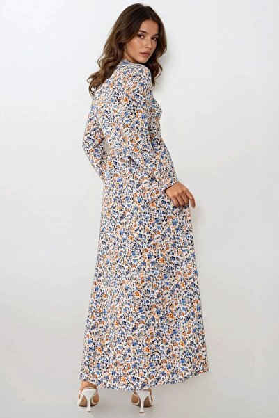 Hiccup Çiçek Desenli Dokulu Kuşaklı Bisiklet Yaka Modest Elbise