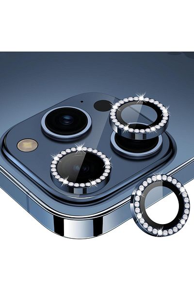 AWH iPhone 15 Pro/Pro Max Camera Lens Protector, Bling Metal Diamond Ring, 9H Scratchproof (Blue)