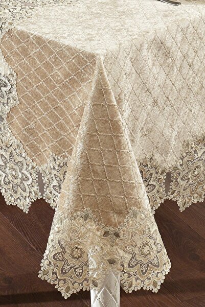 Evlen Home Collection Velvet Luxury Tablecloth Set Lace Laced 25 Pieces Date Cappuccino