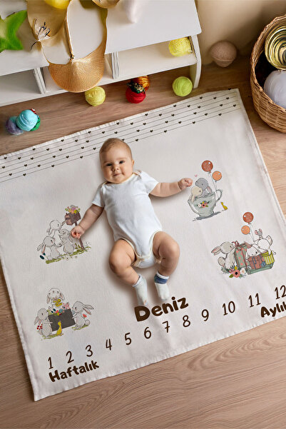 Homamia %100 Pamuk İsme Özel Bebek Fotoğraf Çekim Anı Örtüsü (120x100 cm)