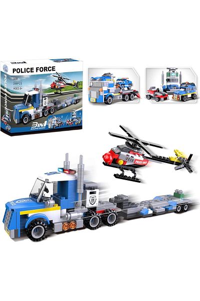 Yelajoy Police Car Transporter Building Toys, Police Truck with Trailer & Rescue Helicopte