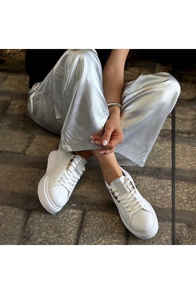 Jarrox Pantofi Elia Accesorii albe Pantofi sport cu talpă plată, cu șireturi, pantofi sport pentru femei
