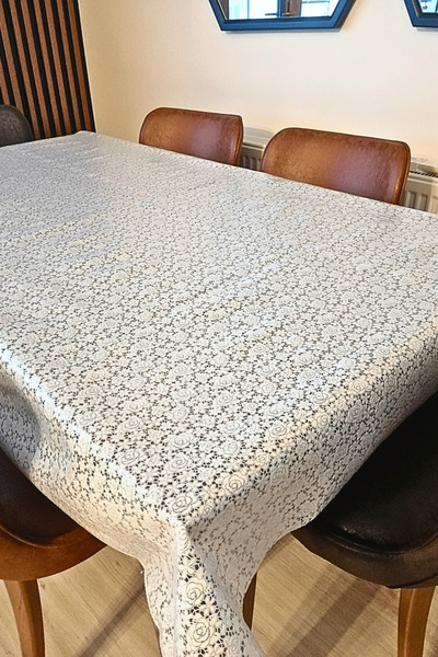 ELEGANCEV مفرش طاولة من القماش الزيتي ذو مظهر دانتيل - لون أبيض - زهور - مقاس...