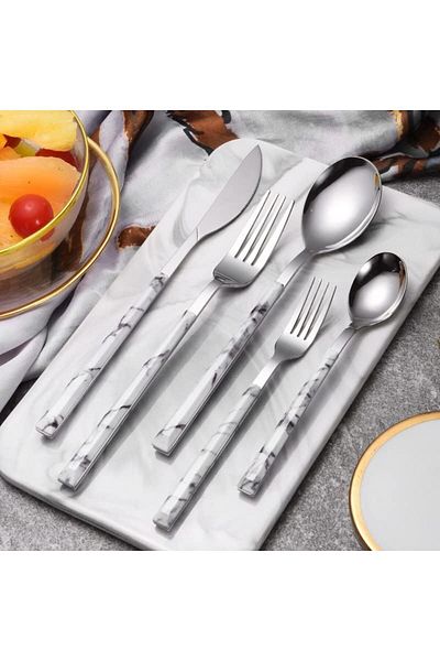 COOYA Stainless Steel Cutlery Set, Five-Piece, Imitation Marble Style, Suitable for Restaurant Kitchens