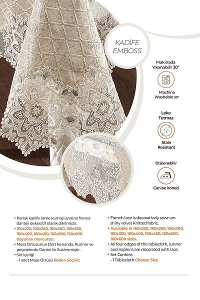 Evlen Home Collection Date Velvet Față de masă unică de lux Lacy Laced Cream