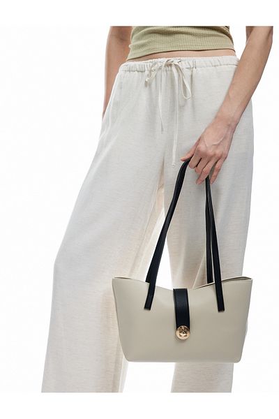 Koton Color Block Handle Tote Bag with Faux Leather Metal Accessories