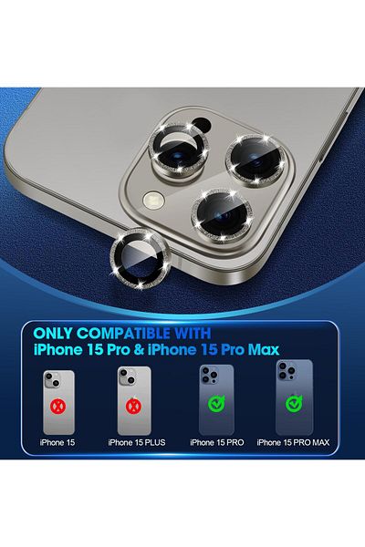 AWH iPhone 15 Pro/Pro Max Camera Lens Protector, Bling Metal Diamond Ring, 9H Scratchproof (Gray)