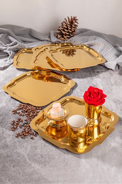 NEWTREND Züccaciye 6-Piece Luxury Gold Daisy Model Stainless Steel Serving, Tea, Coffee, Refreshment and Presentation Tray
