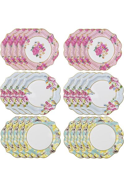 COOYA 24PCS Disposable Tableware, Afternoon Tea Vintage Floral Paper Plates for Party