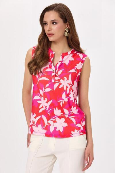 İKİLER Önü Çıtçıtlı Kolsuz Desenli Bluz 025-1015