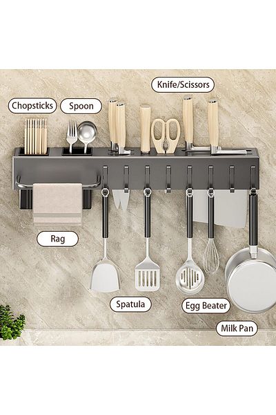 COOYA Knife Holder for Wall, 50cm with 8 Removable Hook, No Punch, for Storing Chopsticks, Knives & Rags