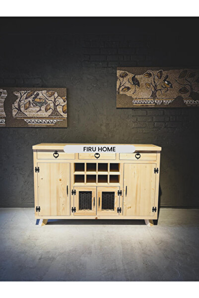 FIRU HOME Rustik Ahşap Şaraplık Konsol - Doğal Masif Ağaçlı Geniş Depolama Alanı