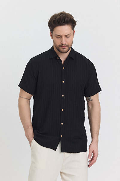 TCT TEKSTİL قميص رجالي - قميص موسلين وافل بياقة مربعة وأكمام قصيرة - 4045