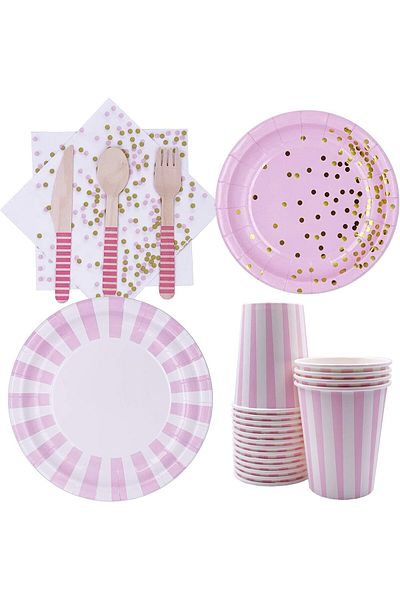 COOYA Disposable Tableware, Includes Plates, Cups, Napkins, Spoons, Forks and Knives -16 Guests (128pcs)