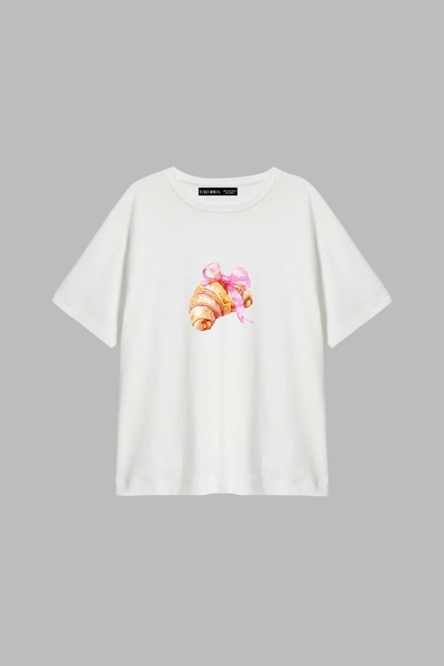 Bak Moda Λευκό μπλουζάκι με στάμπα με φιόγκο κρουασάν