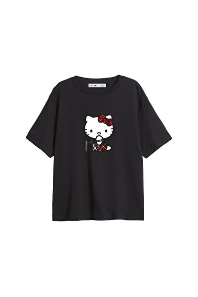 Bak Moda Tricou negru pentru femei Punk H. Kitty cu imprimeu relaxat
