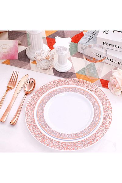COOYA Disposable Tableware, 175 PCS Rose Gold Plastic Dinnerware, for Party