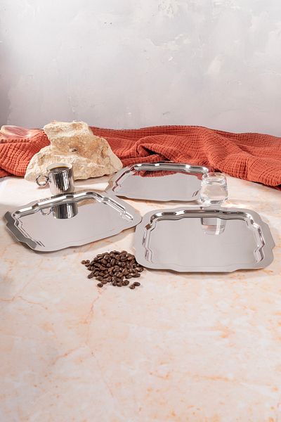 NEWTREND Züccaciye 3-Piece Luxury Daisy Model Stainless Steel Silver Serving, Tea, Coffee, Refreshment, Dowry and Presentation Tray