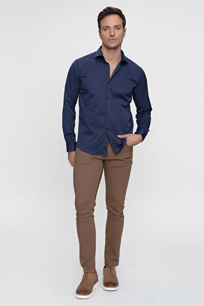 Morven Cămașă cu mânecă lungă pentru bărbați, albastru bleumarin, slim fit, uni, cu guler rigid, ușor de călcat, CU CUTIE DE CADOU