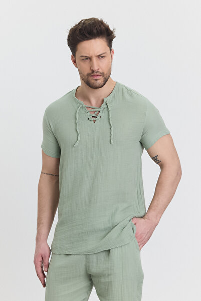 TCT TEKSTİL Ανδρικό πουκάμισο - Μουσελίνα Αλατσάτι Μπλουζάκι - Λεπτομερές με λεπτομέρειες από κορδόνι - 4070