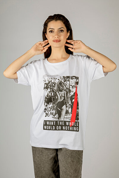 Woxxo I want the whole world on nothing Baskılı Unisex Oversize T-Shirt -Beyaz Lycralı Modal/Pamuk