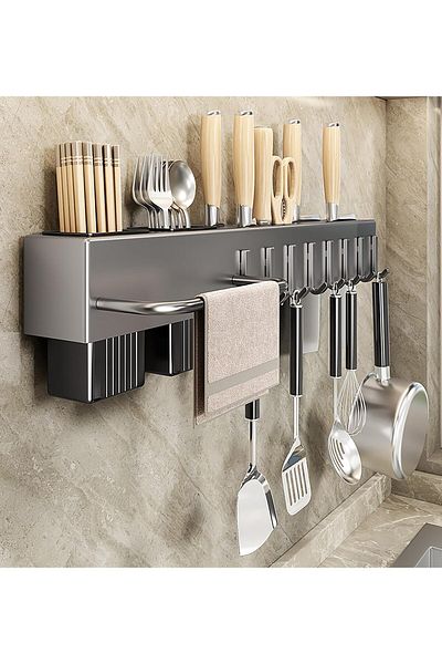 COOYA Knife Holder for Wall, 50cm with 8 Removable Hook, No Punch, for Storing Chopsticks, Knives & Rags