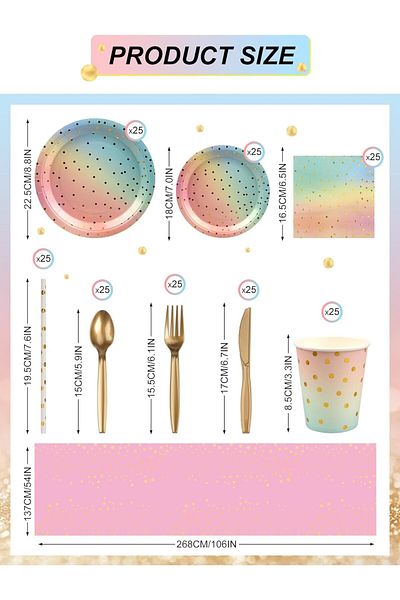 COOYA 201 Pcs Disposable Tableware, Plates, Tablecloth, Napkins, Knife, Fork, Spoon, Straws and Cups