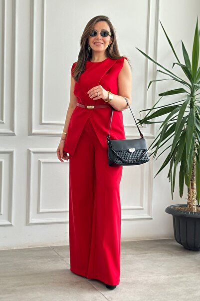 Yağmur Butik Yakası Şal Düğmeli Yeleği Kemerli Pantolonlu Takım