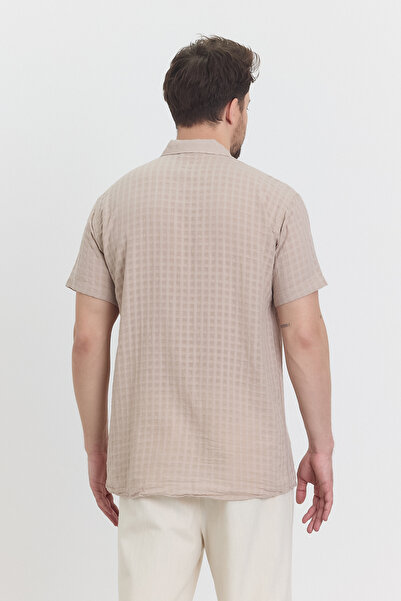 TCT TEKSTİL Ανδρικό πουκάμισο - Μουσελίνα βάφλα καρό γιακά κοντομάνικο πουκάμισο - 4045